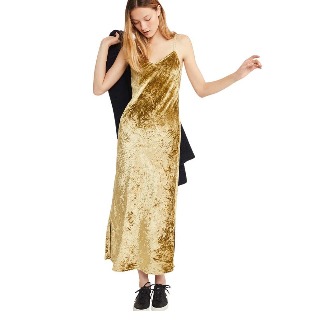 NWT Lou & Grey Crushed Velvet Maxi Dress Spaghetti Straps Yellow Green S